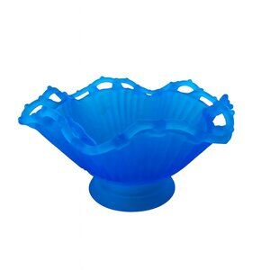 Vintage Westmorland Blue Satin Glass Ruffled Edge Bowl
